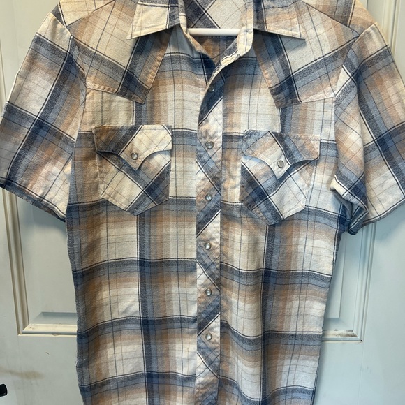 Rocking K Ranchwear Shirt Men M Brown/Blue Textured Short Sleeve  Pearl Snap Vtg - Picture 5 of 9